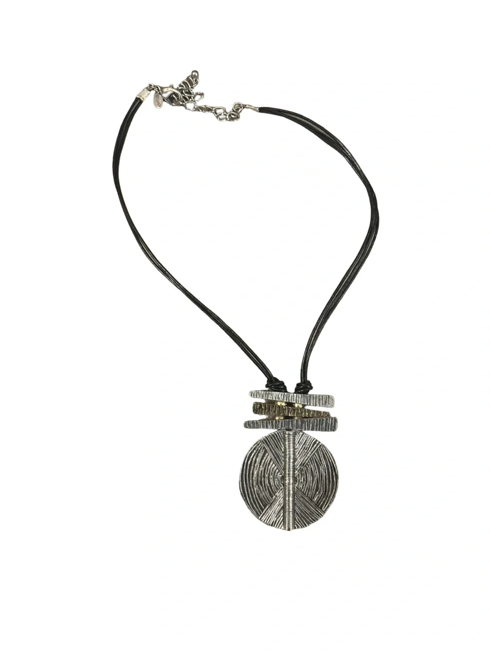Chico's Silver-Tone Textured Disc Pendant Statement Boho Chic Necklace